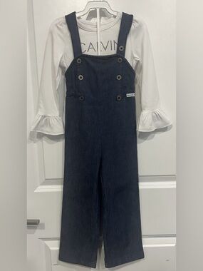 Calvin Klein Jeans 3T Denim Overalls + Rhinestone Ruffle Long Sleeve Shirt Set